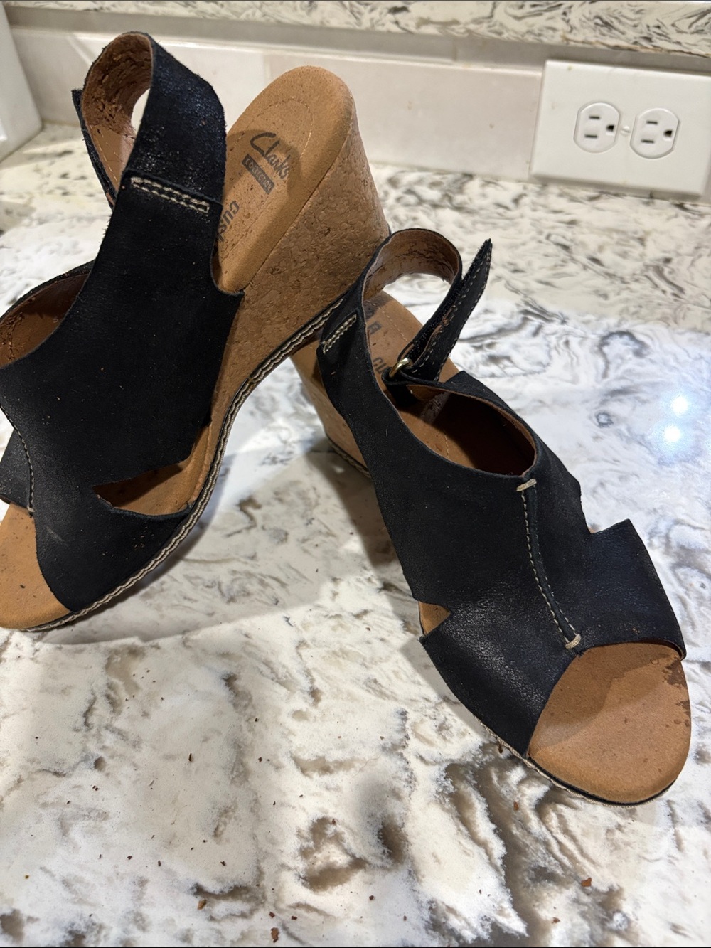 Clarks Black Suede Cork Wedge Slingback Sandals